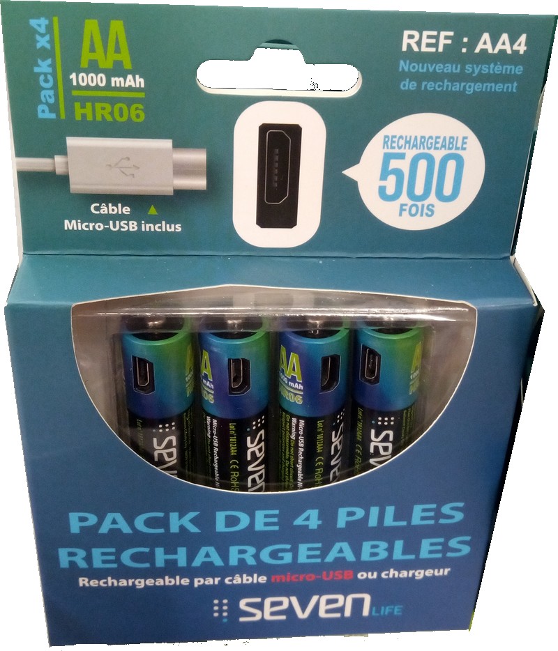 Pack De 4 Piles Rechargeables Aa (hr06) Seven Life Par Micro Usb