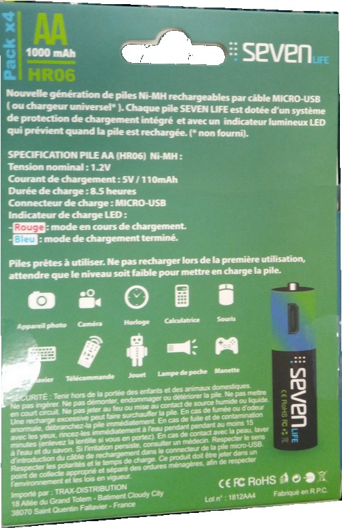 Pile rechargeable Ni-MH Micro USB Seven Life, AA (HR06) Pack 4 - Trax  Distribution